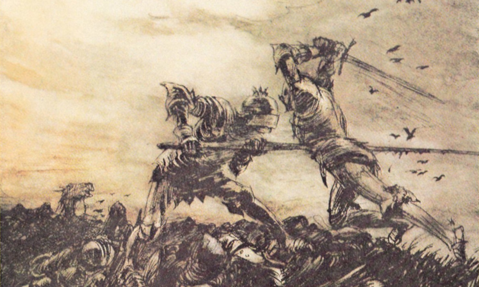 Arthur Rackham, How Mordred Was Slain by Arthur, 1917. Public domain.