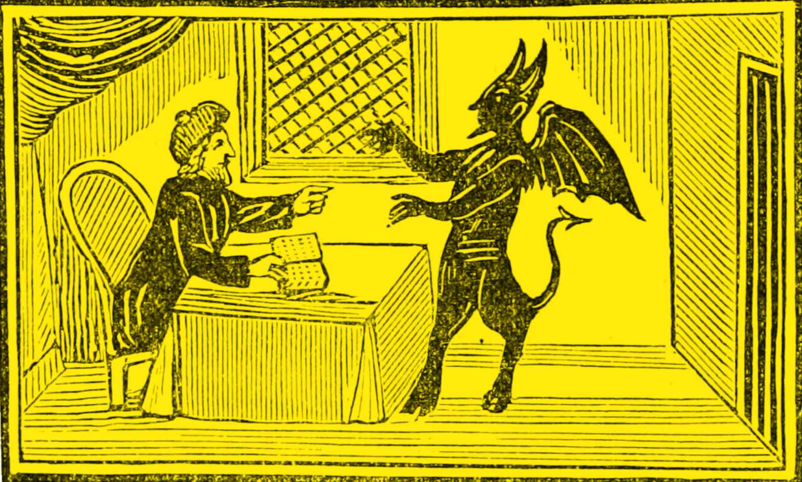 Woodcut illustration of Faust and Mephistophiles, pre-19th century; colorized