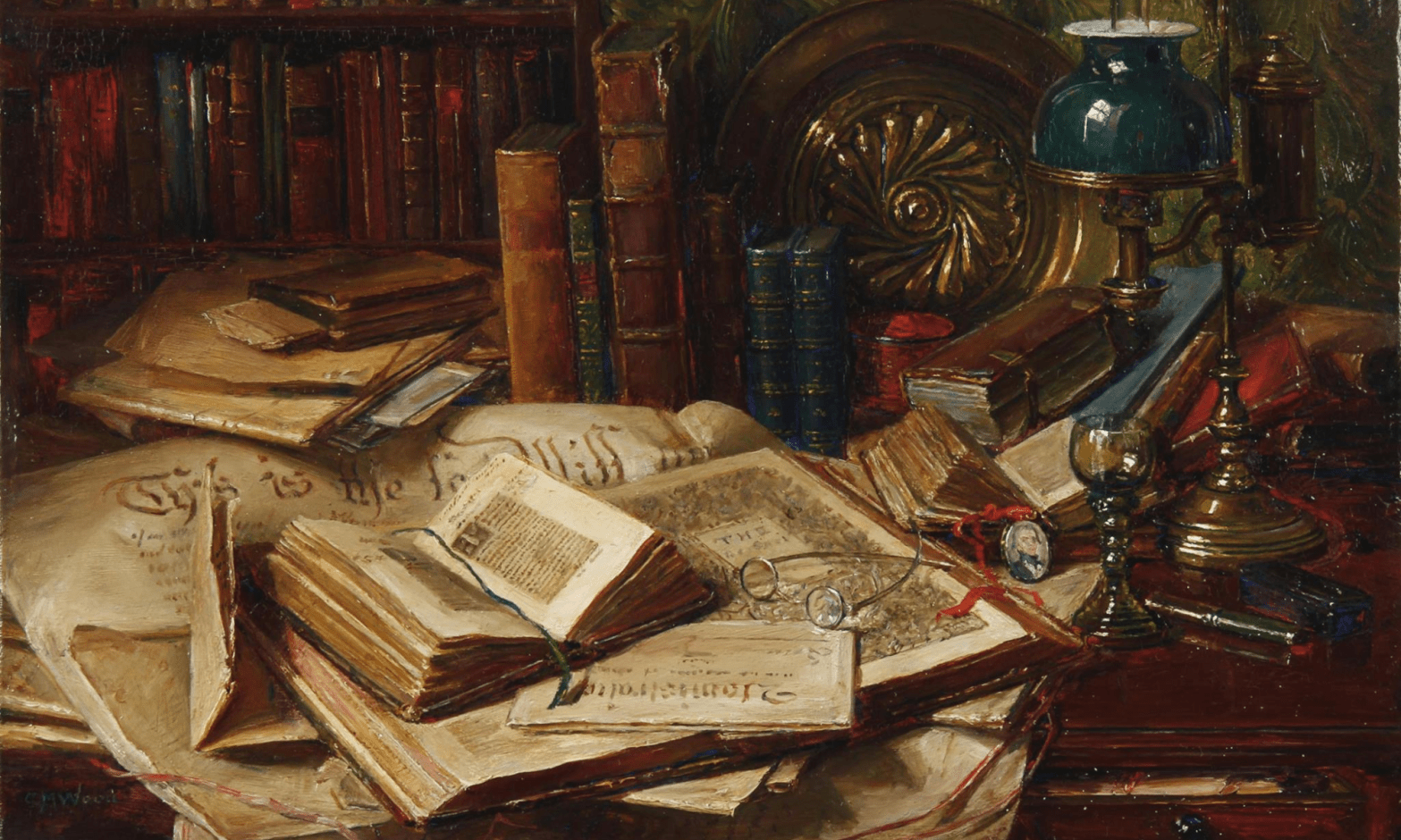 Catherine M Wood, "Old books", n.d. Public domain.